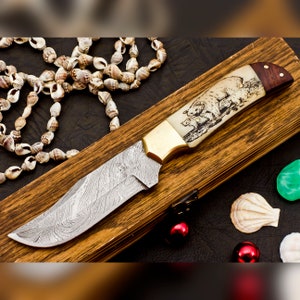 Handmade Damascus Hunting Knife Engraved Bone Handle, Anniversary Gift Groomsmen Gift Gift for Husband Gift for boyfriend Christmas Gift