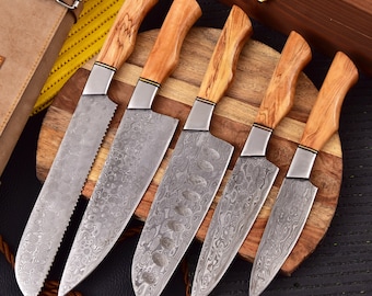 Handgesmede Damascus Chef Set van 5 stuks, Koksmessenset Rain Drop, Keuken Koksmessenset, Kerstdagcadeau, Burl Olijven houten handvat