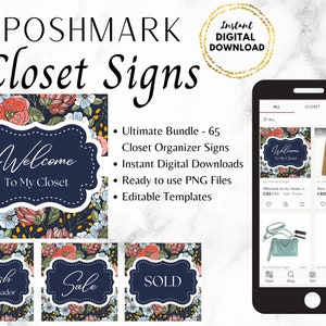Könnte beinhalten: Ein Set mit 65 digitalen, druckbaren Schrank-Organisations-Schildern mit einem floralen Design auf dunkelblauem Hintergrund. Die Schilder beinhalten "Willkommen in meinem Schrank", "Posh Ambassador", "Sale" und "Sold".