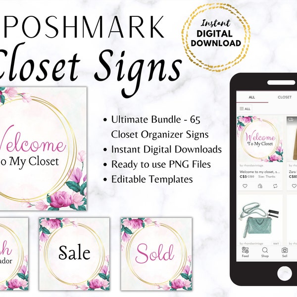 Poshmark Closet Signs Ultimate Bundle 65 Custom Closet Organizers Watercolor Purple Flowers Posh Closet Covers Customizable Ready To Use