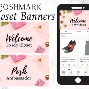 Könnte beinhalten: Zwei rosa und weiße Bannerdesigns für einen Poshmark-Schrank. Das obere Banner lautet "Willkommen in meinem Kleiderschrank" und das untere Banner lautet "Posh Ambassador". Beide Banner haben einen rosa Hintergrund mit goldenen Sternen, Kiefernästen und rosa Geschenkboxen.