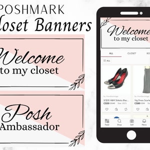 Könnte beinhalten: Ein rosa-weißes Banner mit dem Text "Willkommen in meinem Kleiderschrank" und ein zweites Banner mit dem Text "Posh Ambassador". Die Banner sind mit schwarzen floralen Designs verziert. Ein Screenshot eines Mobiltelefons zeigt die Poshmark-App mit dem Text "Willkommen in meinem Kleiderschrank" oben. Die App zeigt zwei Artikel zum Verkauf: ein Paar schwarze High Heels mit silbernen Akzenten und ein graues, langärmeliges Kleid.