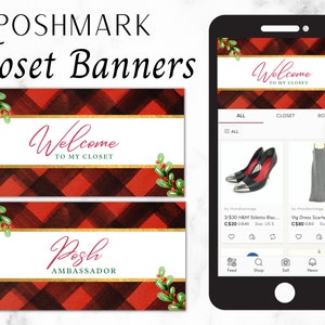Könnte beinhalten: Zwei rote und schwarze karierten Banner mit goldenen Verzierungen und grünen Stechpalmenzweigen. Das obere Banner lautet "Willkommen in meinem Kleiderschrank" und das untere Banner lautet "Posh Ambassador".