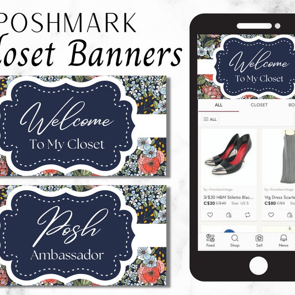 Poshmark Closet Banner, Posh Ambassador Closet Welcome Sign | Blue Floral | Ready To Use Instant Digital Download