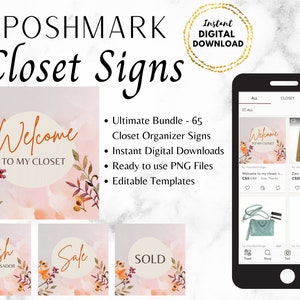Könnte beinhalten: Ein digitaler Download von 65 Schrank-Organisations-Schildern mit Herbst-Thema. Die Schilder haben einen Aquarell-Hintergrund mit Herbstblättern und Beeren. Die Schilder enthalten Text wie "Willkommen in meinem Schrank", "Posh Ambassador", "Sale" und "Verkauft".