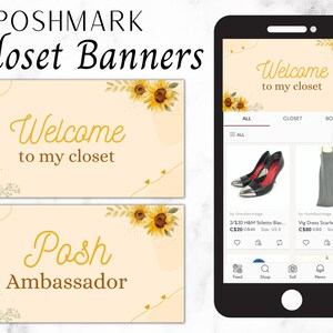 Könnte beinhalten: Ein Telefonbildschirm, der einen Poshmark-Schrank mit Sonnenblumen-Motiv zeigt. Das Banner lautet "Willkommen in meinem Schrank". Der Schrank enthält zwei Artikel: ein Paar schwarze High Heels mit silbernen Spitzen und ein graues, langärmeliges Kleid. Oben auf dem Bildschirm sind die Wörter "Alle", "Schrank" und "Boutique" zu sehen.