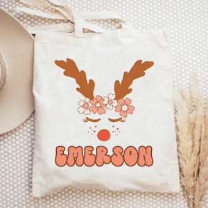 Kids Name Tote Custom Name Christmas Bag Reindeer Tote Bag Christmas Tote Bag Bag Holiday Tote Bag Christmas Gift Bag  Personalized Tote Bag