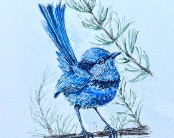 ORIGINAL Watercolor painting of "Splendid Fairywren" - 5.5 in x 8.5in