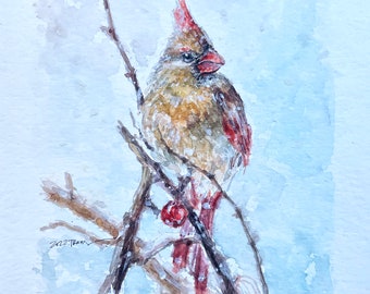 ORIGINAL watercolor painting of Northern Cardinal Bird - Size 5.5" x 8.5"