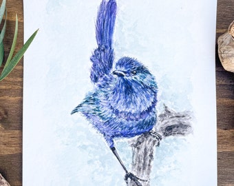 ORIGINAL watercolor painting of Blue Fairywren Bird - Size 5.5" x 8.5"
