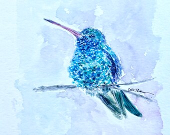 ORIGINAL Watercolor painting of "Blue Hummingbird" - 5.5 in x 8.5in