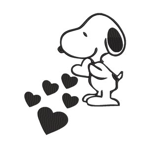 May include: A black and white cartoon illustration of Snoopy, the beagle from Peanuts, holding a heart in his paws and blowing hearts out of his nose.