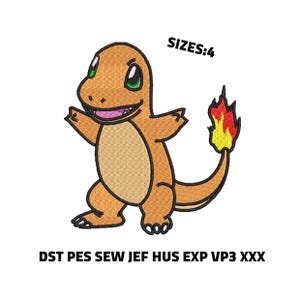 Op de afbeelding: Een oranje stripfiguur met groene ogen en een vlam op zijn staart. De afbeelding bevat de tekst "SIZES:4" en "DST PES SEW JEF HUS EXP VP3 XXX". Het personage lacht en heeft zijn armen uitgestrekt.
