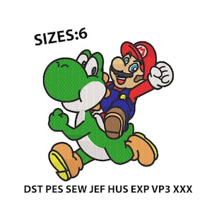 Puede incluir: Imagen de dibujos animados de Mario montando a Yoshi. Mario lleva un gorro rojo y un peto azul. Yoshi es verde con la barriga blanca. El texto "SIZES:6" está encima de la imagen.