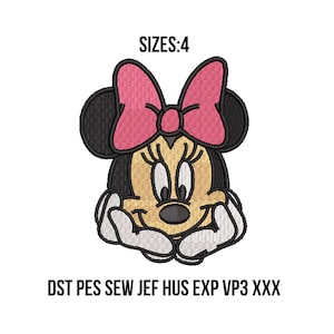May include: Embroidered design of a cartoon mouse with a pink bow, smiling and holding her hands together. The design is available in four sizes. The text "SIZES: 4" is above the image. The text "DST PES SEW JEF HUS EXP VP3 XXX" is below the image.