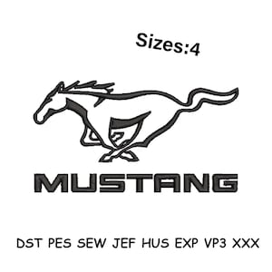 Peut inclure: Logo Mustang brodé en noir et blanc avec le mot « MUSTANG » en dessous. L'image comprend le texte « Tailles : 4 » et diverses abréviations de formats de fichiers.