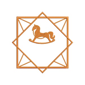 May include: A gold-colored rocking horse silhouette inside a geometric frame. The frame is made of multiple overlapping squares and triangles.