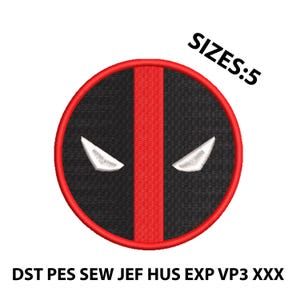 May include: A circular patch featuring a black background with a vertical red stripe down the center. White, stylized eye shapes are on either side of the stripe. The text "SIZES:5" is at the top, and "DST PES SEW JEF HUS EXP VP3 XXX" is at the bottom.