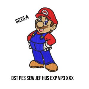 Puede incluir: Imagen bordada de un personaje de dibujos animados con sombrero y camisa rojos, mono azul y zapatos marrones. El personaje tiene una nariz grande y un bigote. El texto de la imagen dice "SIZES: 4" y "DST PES SEW JEF HUS EXP VP3 XXX".