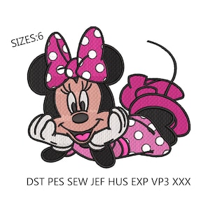 May include: An embroidered design of a cartoon mouse in pink and black, wearing a pink bow with white polka dots. The mouse is lying on its side with its paws in front of its face. The text "SIZES: 6" is in the top left corner of the image. The text "DST PES SEW JEF HUS EXP VP3 XXX" is at the bottom of the image.