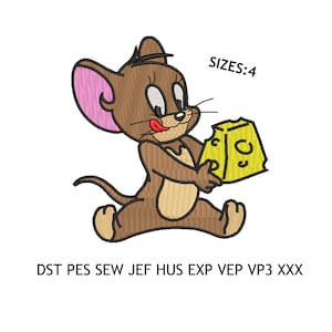 May include: A cartoon illustration of a brown mouse holding a yellow block of cheese. The mouse has a pink ear and is wearing a red tongue. The text "SIZES: 4" is in the upper right corner of the image. The text "DST PES SEW JEF HUS EXP VEP VP3 XXX" is at the bottom of the image.