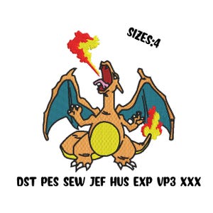 May include: An orange and yellow cartoon dragon with blue wings breathing fire. The text "SIZES:4" is above the dragon. The text "DST PES SEW JEF HUS EXP VP3 XXX" is below the dragon.
