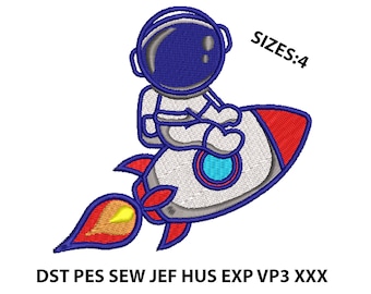 May include: An embroidered design of a cartoon astronaut riding a rocket. The astronaut is wearing a blue helmet and a white spacesuit. The rocket is red and white with a yellow flame. The design includes the text "SIZES: 4" and "DST PES SEW JEF HUS EXP VP3 XXX".
