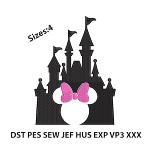 May include: Black castle silhouette with a pink bow and mouse ears. The image includes the text "Sizes:4" and embroidery file formats: DST PES SEW JEF HUS EXP VP3 XXX. This design is suitable for embroidery projects.