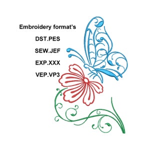 butterfly flower embroidery design digital embroidery file dst pes sew jef hus exp vep vp3 xxx 3 sizes  10x16cm 12x20cm 15x25cm