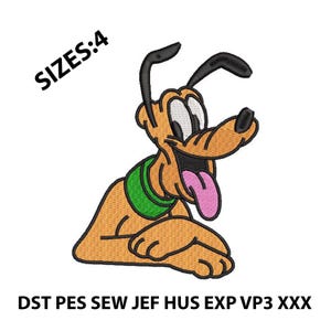 Könnte beinhalten: Ein gesticktes Design von Pluto, einem Zeichentrickhund, in den Farbtönen Beige, Schwarz, Grün und Rosa. Der Hund lächelt und hat die Zunge herausgestreckt. Der Text "SIZES:4" und "DST PES SEW JEF HUS EXP VP3 XXX" sind ebenfalls enthalten.