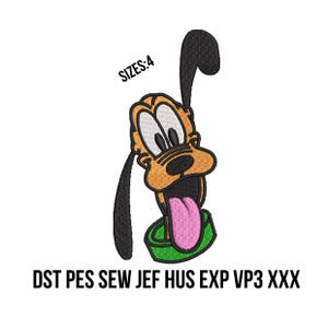 May include: An embroidered design of a cartoon dog with a green collar and a pink tongue sticking out. The text "SIZES: 4" is above the dog. The text "DST PES SEW JEF HUS EXP VP3 XXX" is below the dog.