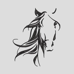 May include: A black and white line art illustration of a horse's head with its mane flowing in the wind.
