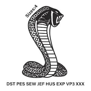 May include: Black and white cobra snake design with the text "Sizes: 4" and "DST PES SEW JEF HUS EXP VP3 XXX". The snake is stylized with geometric patterns and a raised hood, suitable for embroidery or graphic design projects.