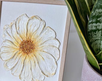 Textured White Flower Art | Mixed Media Floral Painting | Gold Accent Canvas Board