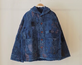 Indigo dyed patchwork jacket / Leather buttons / Boro handcrafted