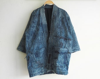 Indigo dyed patchwork Haori / Boro handcrafted / Japanese Haori / Unisex Traditional Kimono Noragi