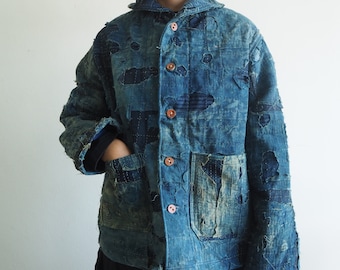 Indigo dyed patchwork jacket / Leather buttons / Boro handcrafted