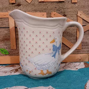Aunt Rhody Country Goose pitcher, vintage blue bow goose brick oven stoneware