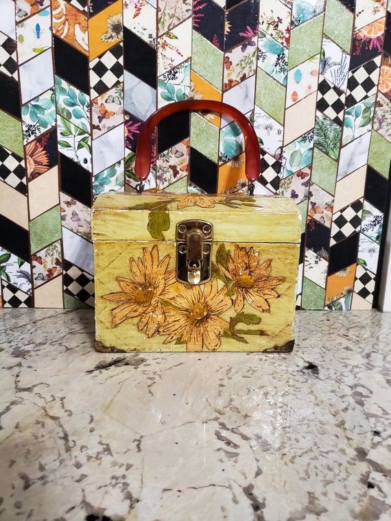 60's vintage homemade wooden sunflower purse, cott
