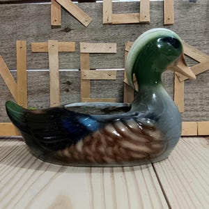 Vintage ceramic mallard duck planter, cottagecore cabincore green brown duck plant pot