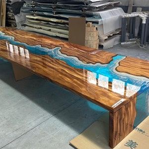 Walnut Wood Table with Flowing Blue and White Epoxy River, Epoxy Table, 100%Handmade, Resin Furnitures