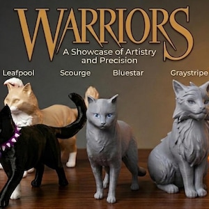 May include: A collection of six cat figurines labeled as Warriors: A Showcase of Artistry and Precision. The figures include Leafpool, Scourge with a spiked collar, Bluestar, Graystripe, and Firestar, rendered in various colors and textures.