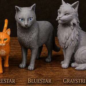 May include: Five cat figurines labeled Scourge, Firestar, Bluestar, Graystripe, and Leafpool. Scourge is black with a spiked collar, Firestar is orange, Bluestar is grey, Graystripe is long-haired grey, and Leafpool is tan and white.