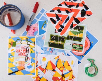 Fun Postcard Set of 5/10/20 | Quirky Art Prints | Mini Prints for Collectors and Gifts