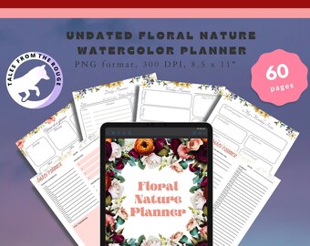 Digital Undated Floral Nature Themed Calendar Planner, Watercolor Flowers Journal, Printable, BUJO iPad, Goodnotes, Noteshelf, Notability