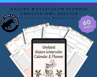 Digital Undated Owl Fox Deer Lynx Animal Calendar Planner, Watercolor Nature Journal, Woodland Creature Printable, BUJO iPad, Goodnotes,,