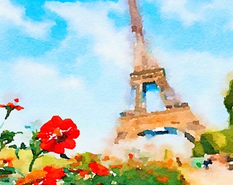 Digital Wall art, Eiffel Red Flower, Flower painting, Eiffel Tower by day, City art, European art, Parisian art, Mexican Sunflower,