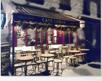 Digital download, Paris Café at night, Red Door, French street scene, Parisian Coffee House, Cafe Leone, Café de Flore, Evening cafe art