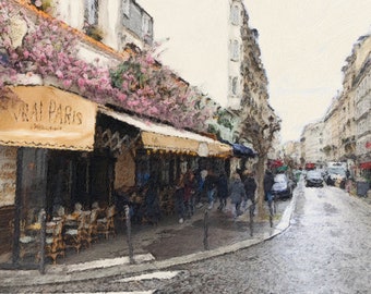 Digital Wall art, Vrai Paris, Montmartre, outdoor cafe, restaurant Paris street scene, 18th arrondissement, European art, Parisian City art