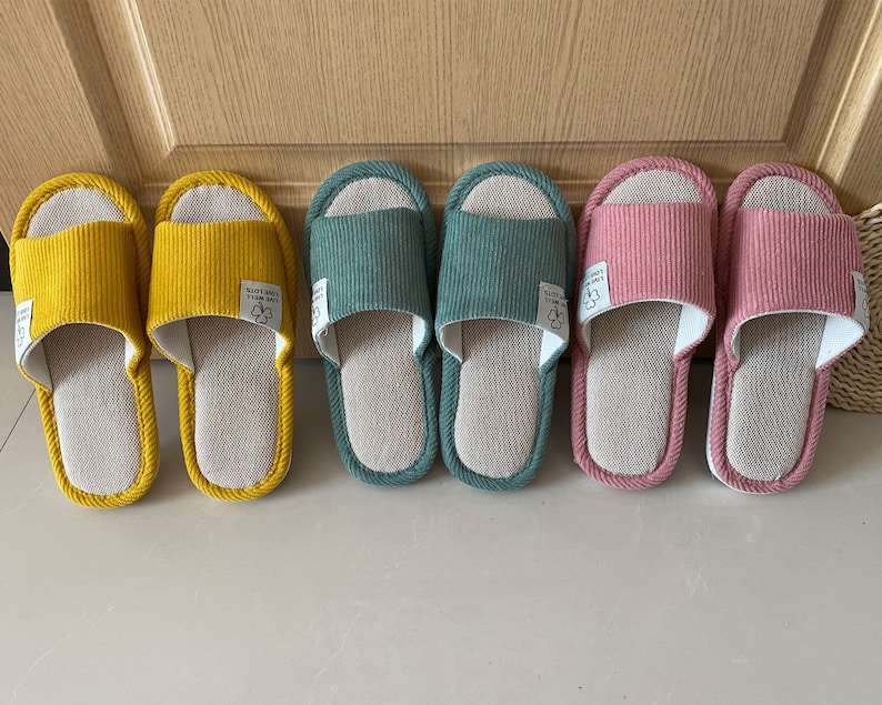 Women Linen Slippers,Handmade Linen Slippers,Home Linen Slippers,Summer Slippers,Indoor Slippers,Unisex Comfy Slippers,Smiley Linen Slippers image 3